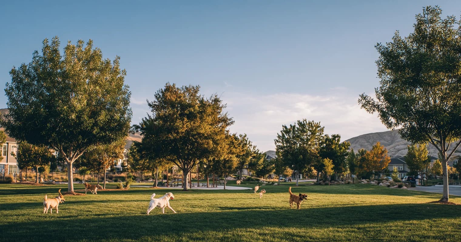 A happy dog running and playing in a grassy, open-leash dog park.