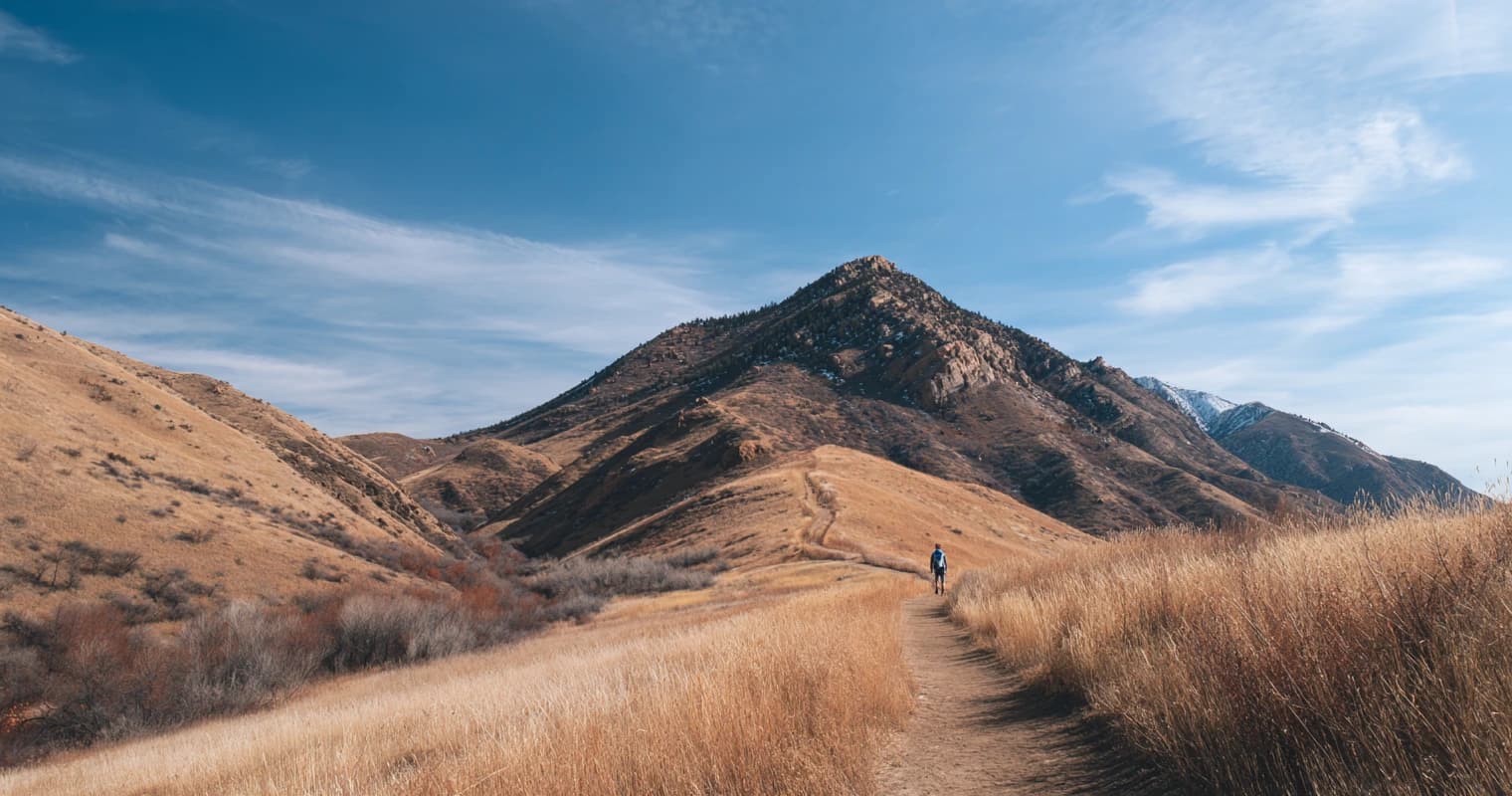 A hiker standing on a trail looking out at a scenic mountain valley.