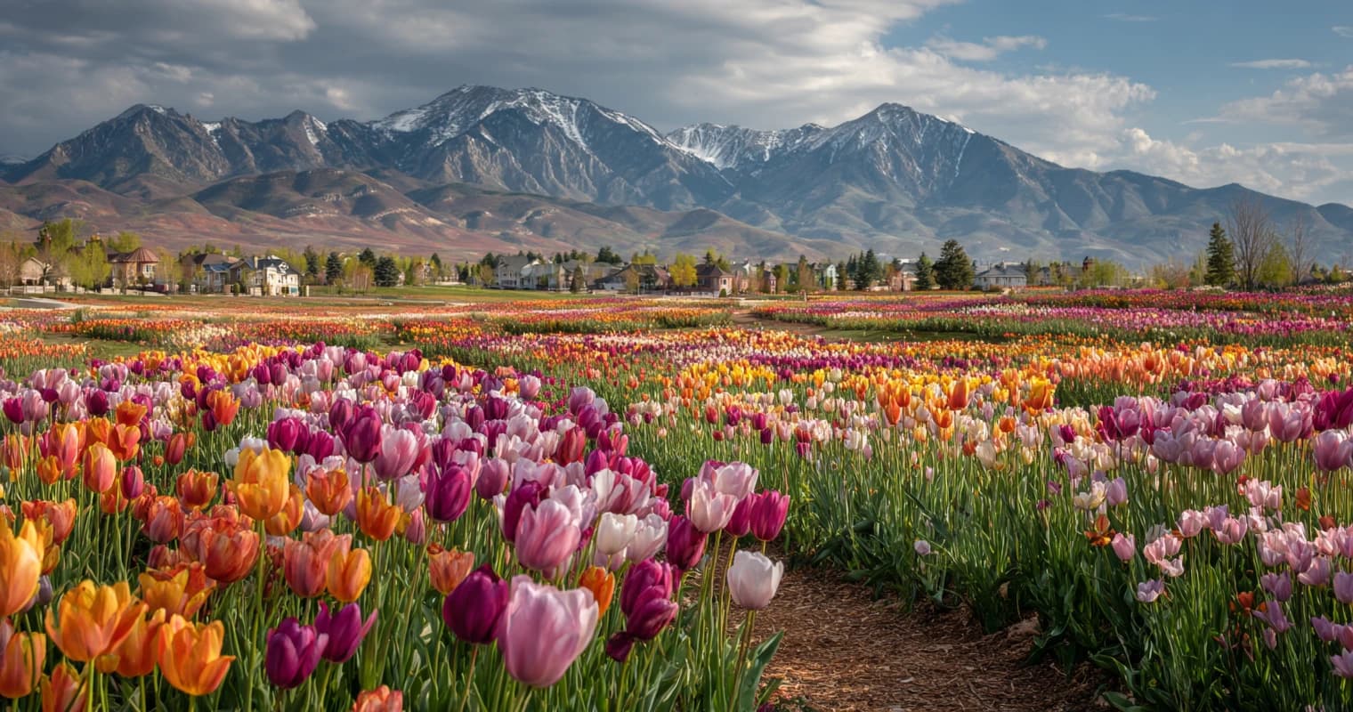 Thanksgiving Point gardens and museum campus in Lehi, Utah with mountain backdrop